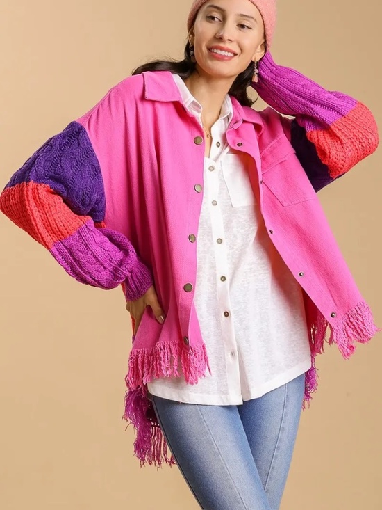 Umgee Sweaters - New Umgee Hi Low Fringe Button Down Sweater Shacket Cable Knit Pink Colorblock